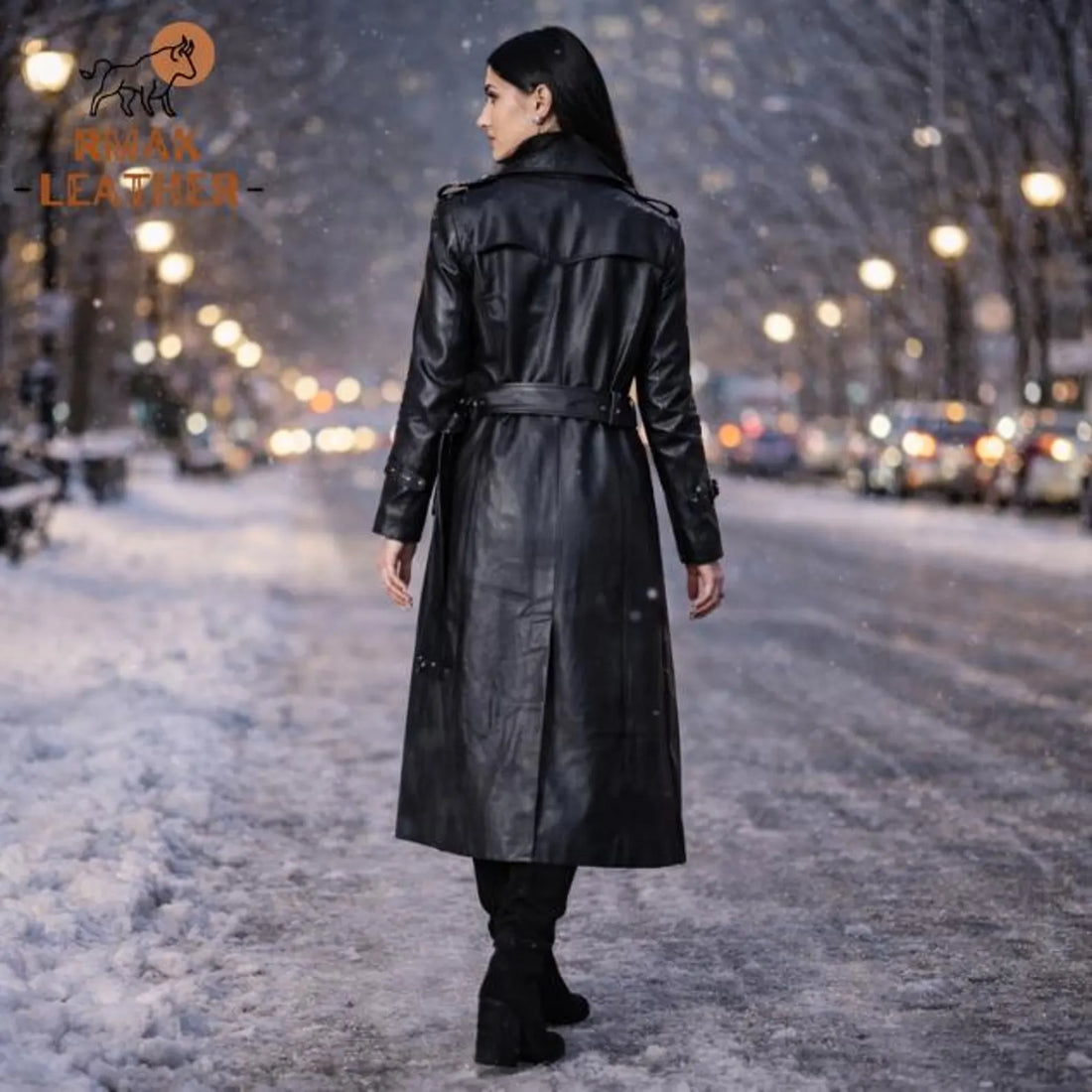 Handmade Black Leather Trench Coat