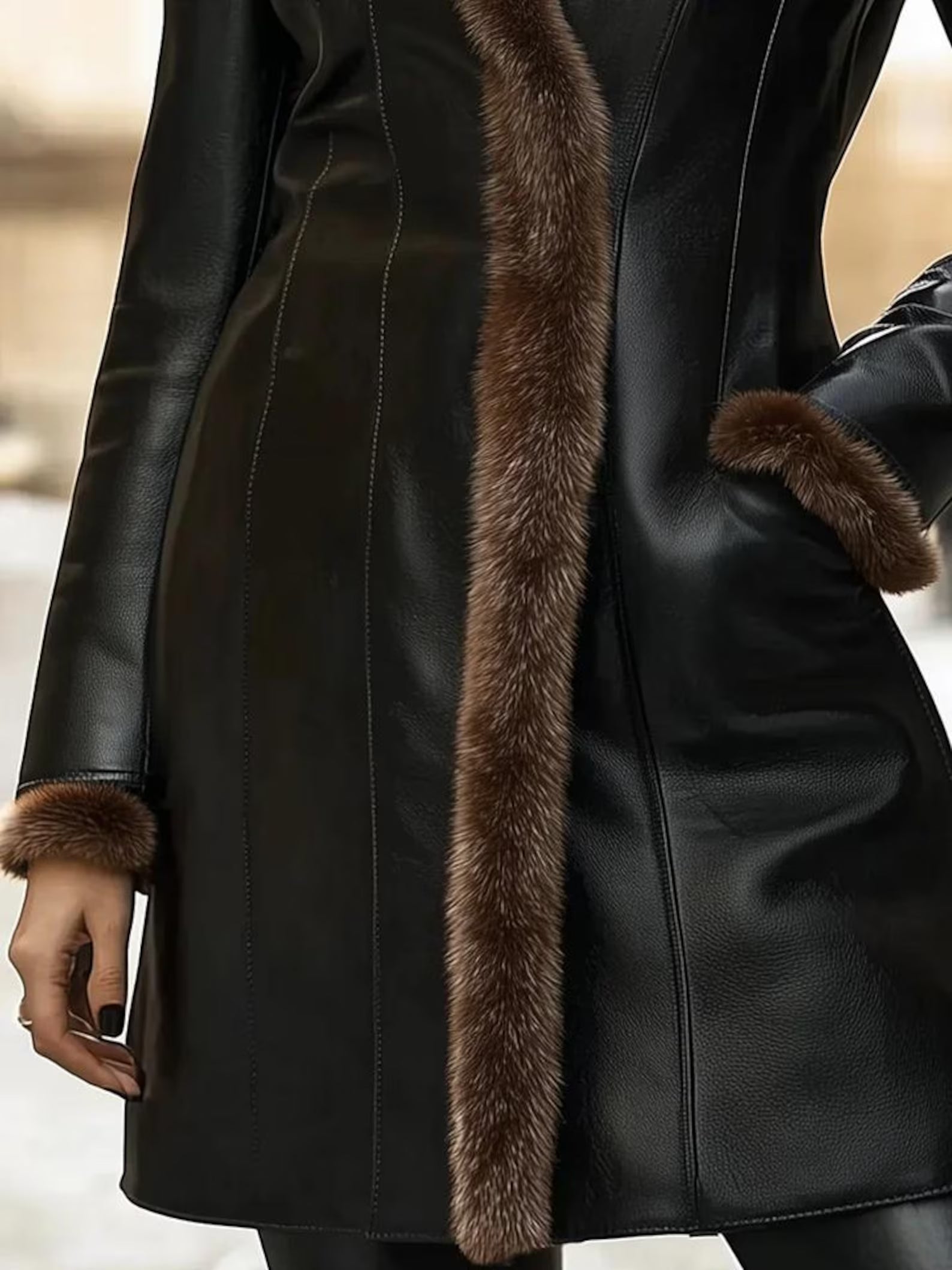 Handmade Women’s High-Quality Cow Leather Brown Coat with Fur Trim