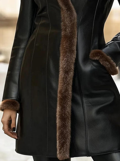Handmade Women’s High-Quality Cow Leather Brown Coat with Fur Trim
