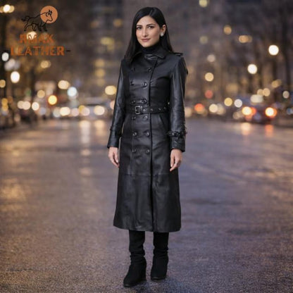 Handmade Black Leather Trench Coat