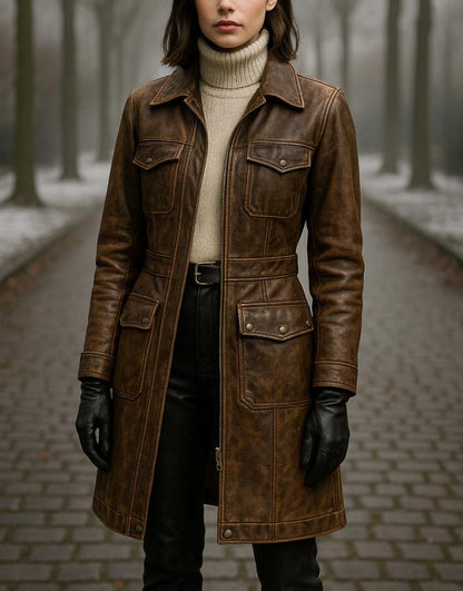 Women’s Distressed Brown Genuine Long Leather Coat