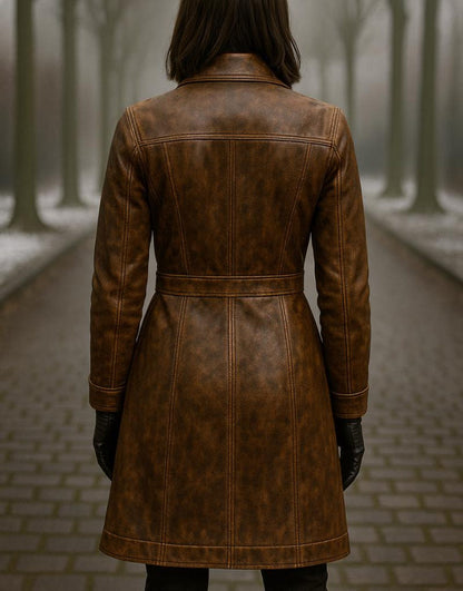 Women’s Distressed Brown Genuine Long Leather Coat