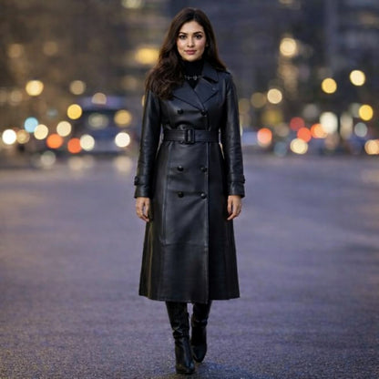 Handmade Black Leather Trench Coat